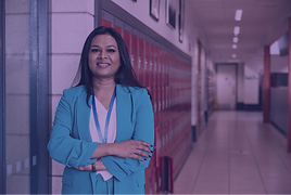 Female teacher purple backdrop