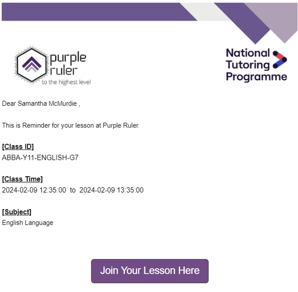 Purple Ruler Student ID, Class ID & Time and Subject